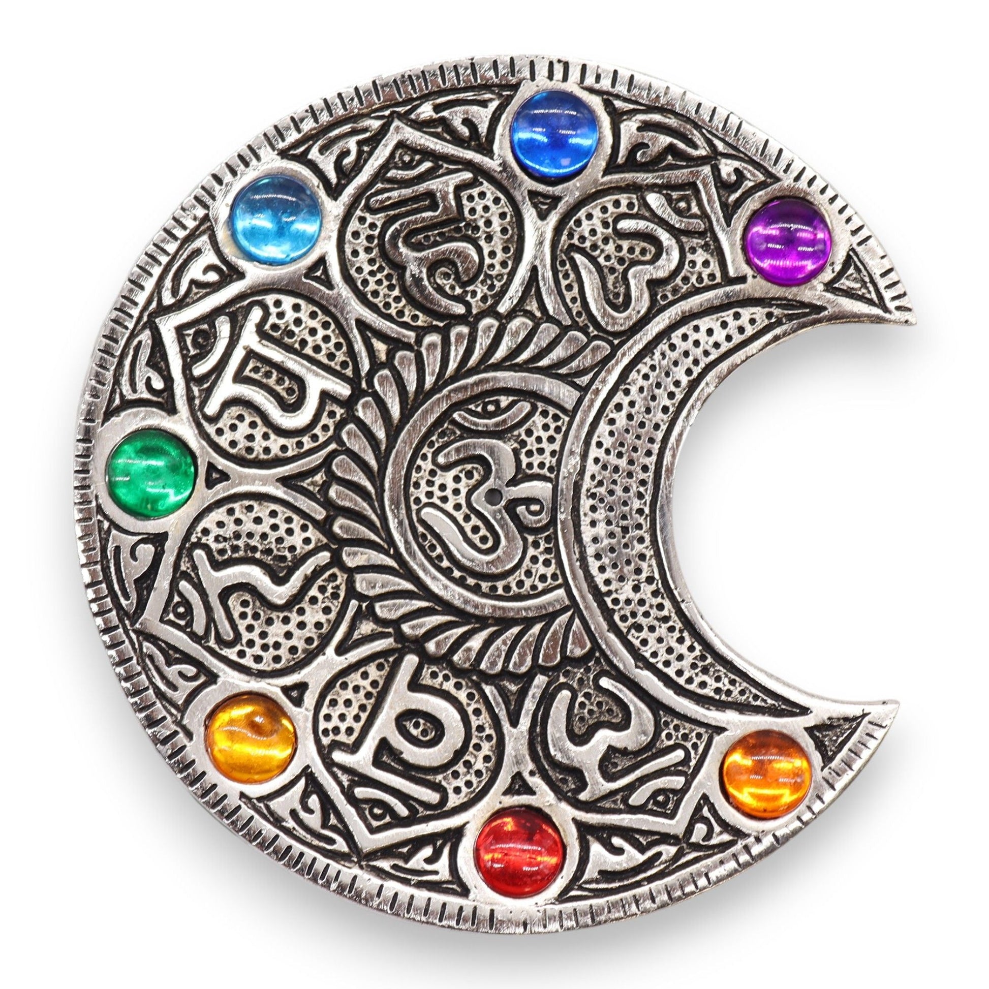 Polished Seven Chakra Moon Incense Holder featuring natural patterning and unique variations - Luna Panther