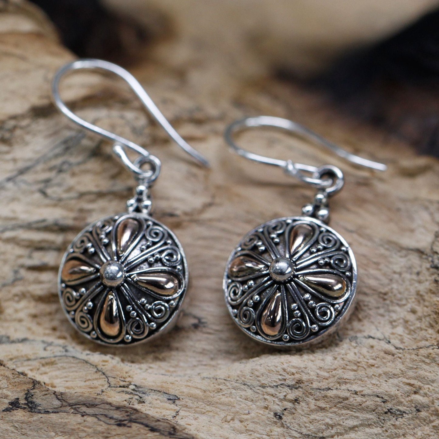 Polished Silver & Gold Earring - Classic Round featuring natural patterning and unique variations - Luna Panther