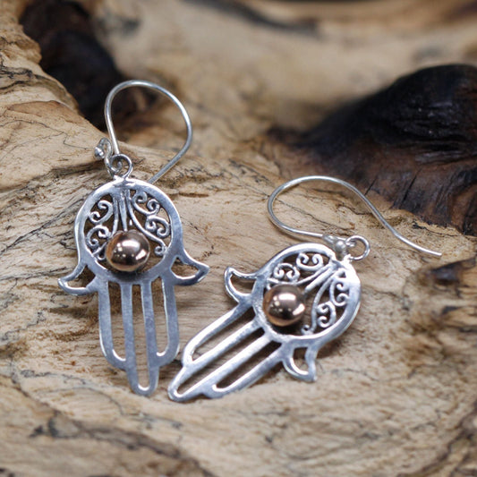 Polished Silver & Gold Earring - Hamsa featuring natural patterning and unique variations - Luna Panther