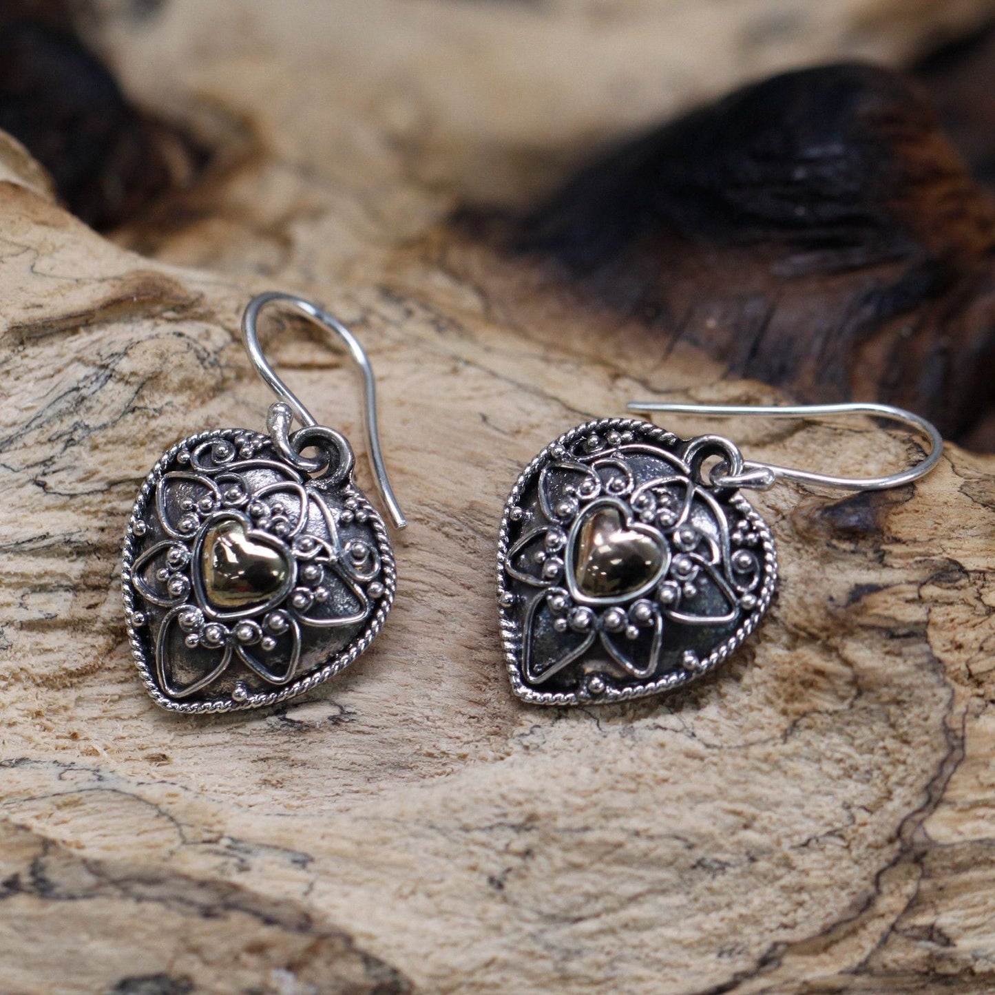 Polished Silver & Gold Earring - Mandala Hearts featuring natural patterning and unique variations - Luna Panther