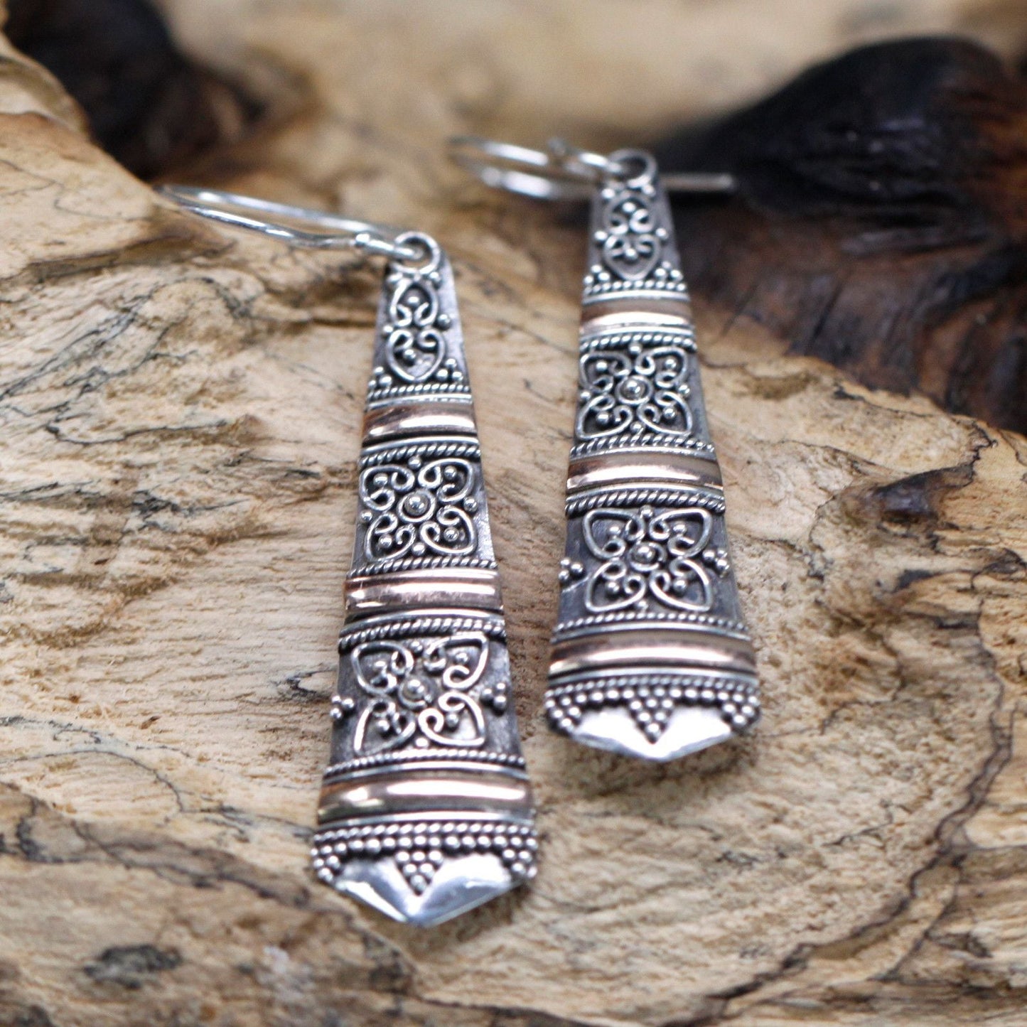 Polished Silver & Gold Earring - Tribal Drops featuring natural patterning and unique variations - Luna Panther