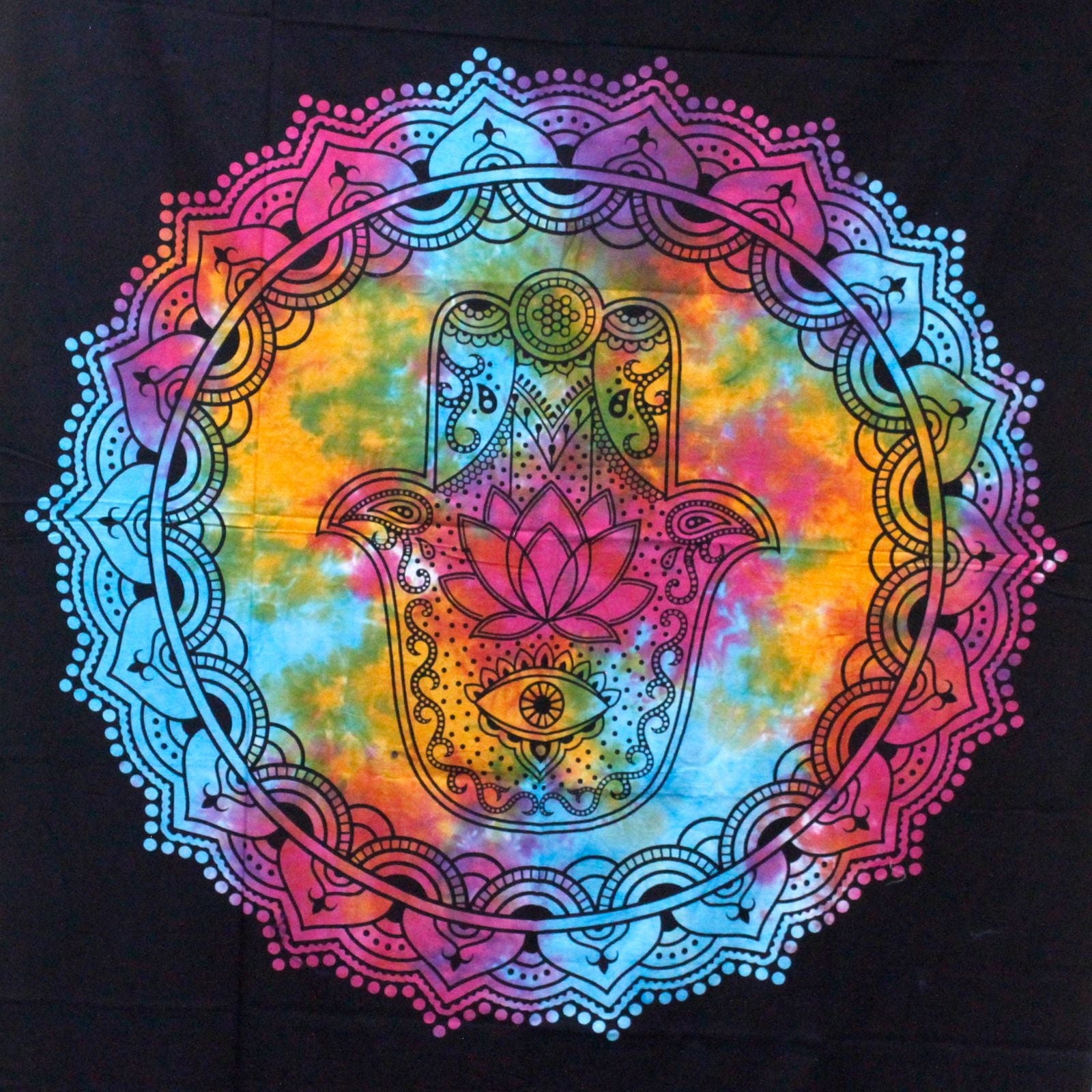 Single Cotton Bedspread + Wall Hanging - Black Hamsa - Luna Panther