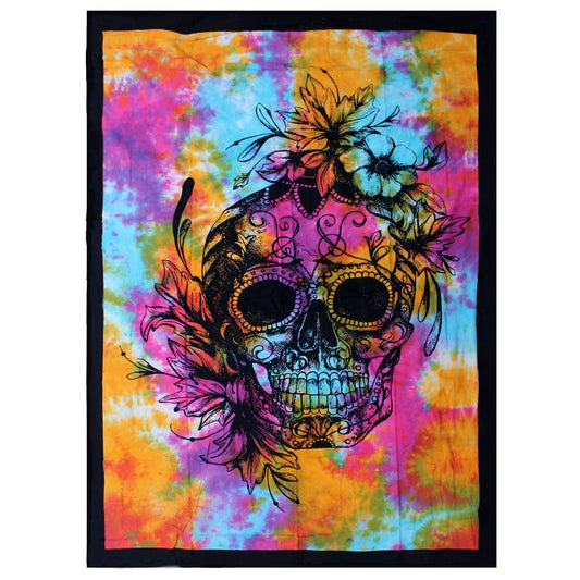 Single Cotton Bedspread + Wall Hanging - Day of Dead Skull - Luna Panther