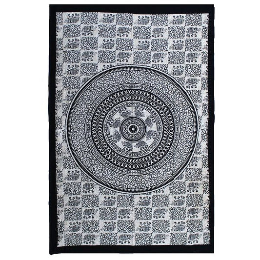 Single Cotton Bedspread + Wall Hanging - Mono - Elephant Mandala - Luna Panther