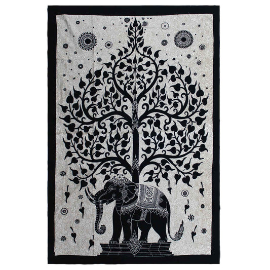 Single Cotton Bedspread + Wall Hanging - Mono - Elephant Tree - Luna Panther