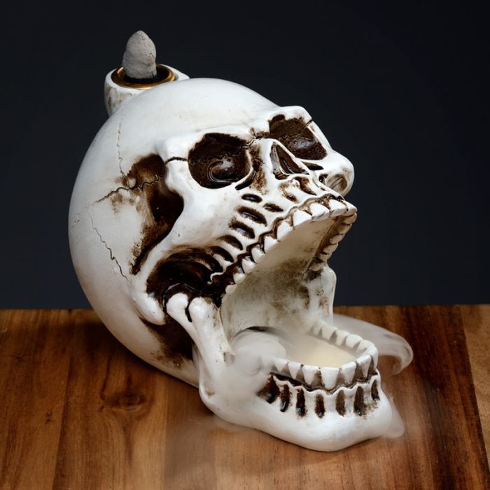 Polished Skull With Open Mouth Backflow Incense Burner featuring natural patterning and unique variations - Luna Panther