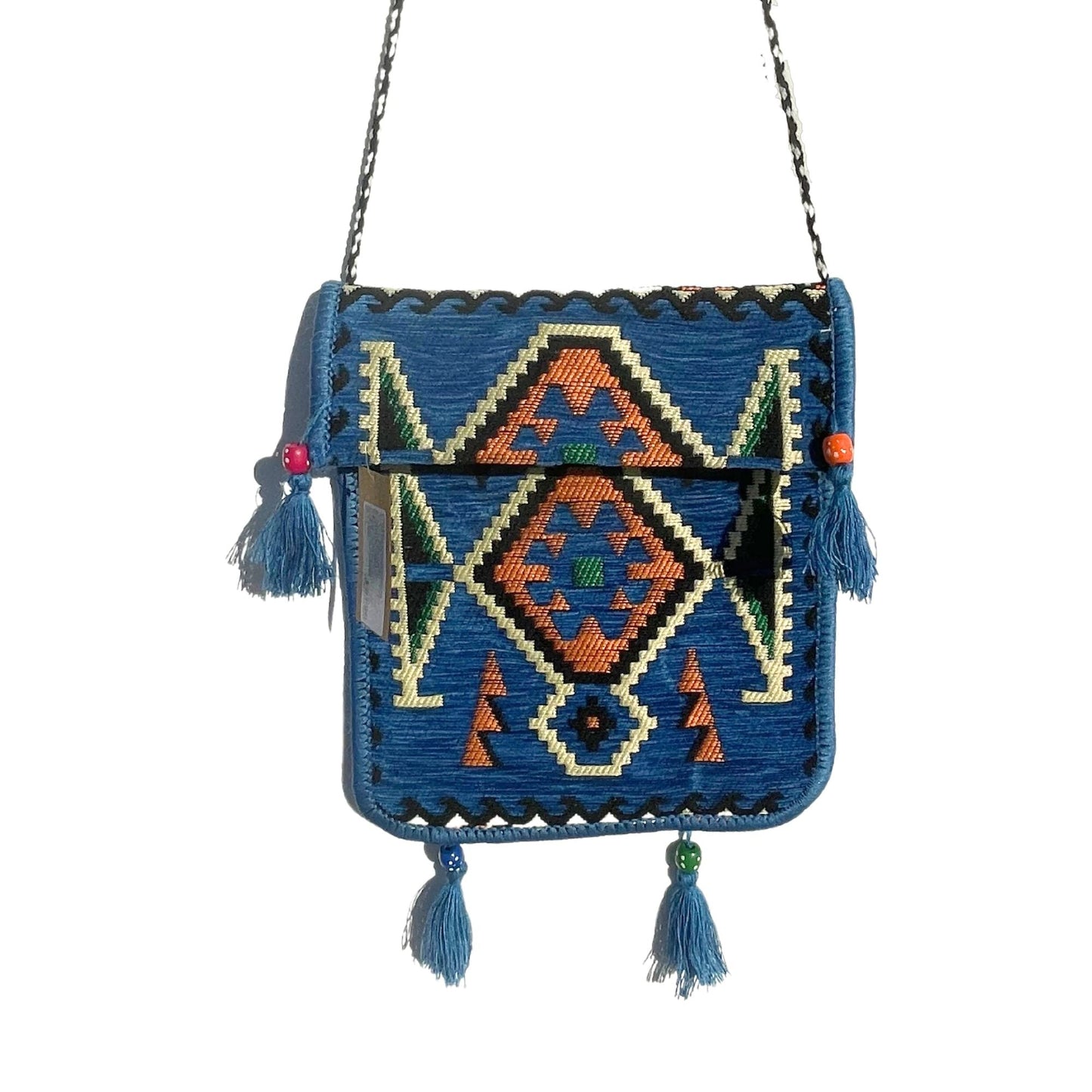 Polished Sky Blue Kilim Messenger Festival Bag featuring natural patterning and unique variations - Luna Panther