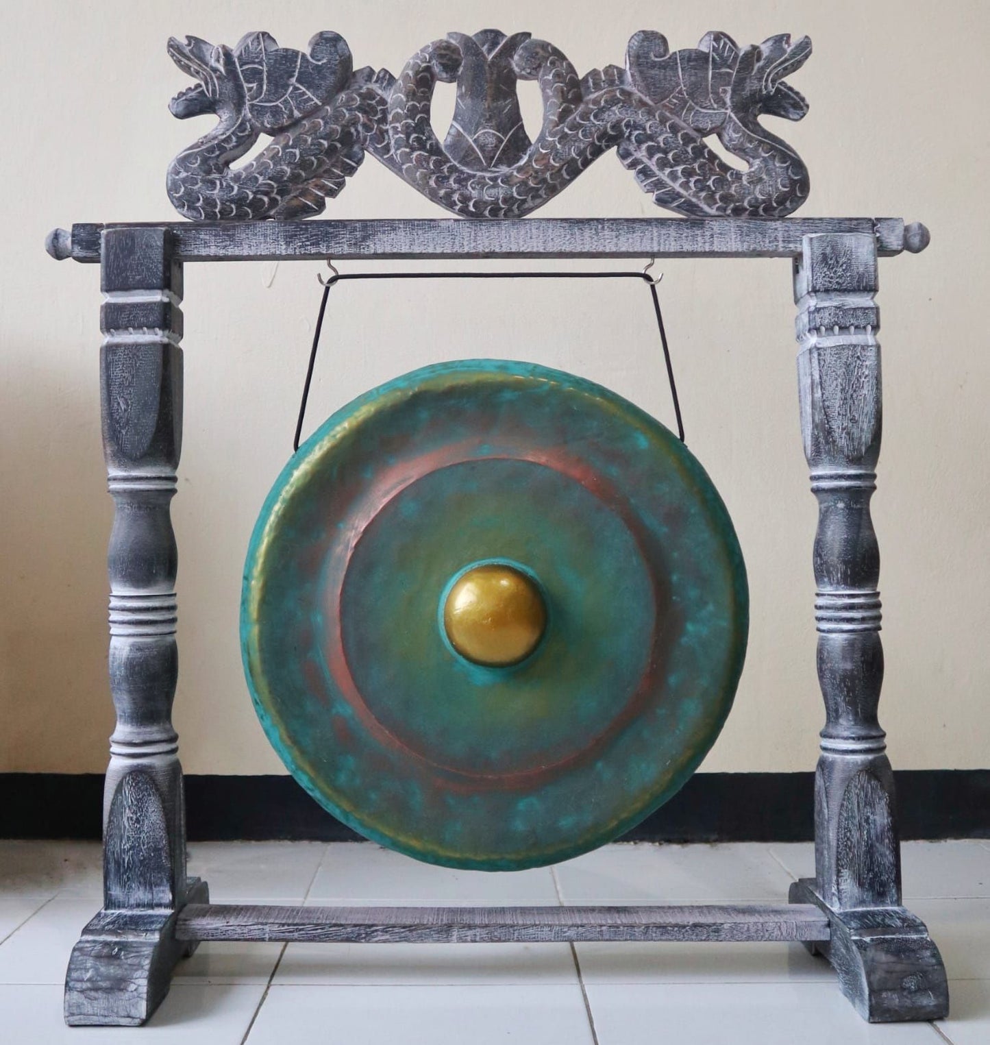 Polished Small Gong in Stand - 25cm - Greenwash featuring natural patterning and unique variations - Luna Panther