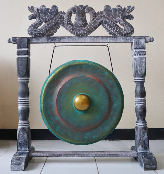 Polished Positivefaithhopelove DS Small Healing Gong in Stand - 25cm - Greenwash featuring natural patterning and unique variations - Luna Panther