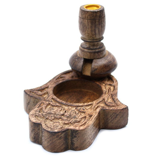 Polished Small Mango Wood Backflow Burner - Hamsa featuring natural patterning and unique variations - Luna Panther