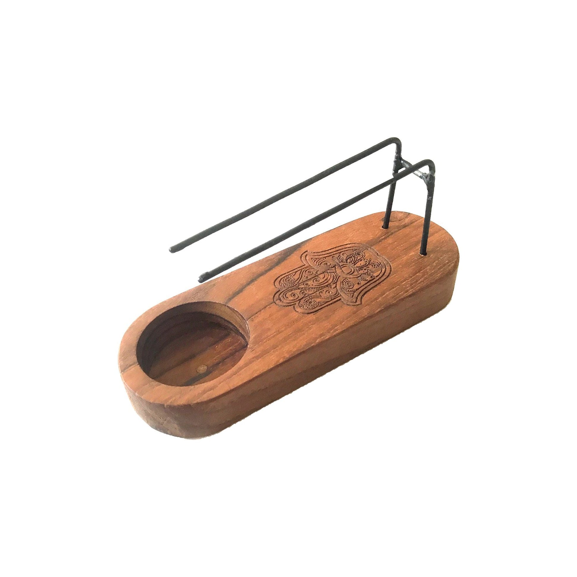 Polished Small Palo Santo Heater - Teak Wood - Hamsa Design featuring natural patterning and unique variations - Luna Panther
