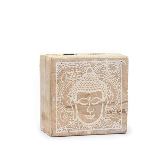 Small Square Box 10x10x4.2cm - Buddha Face Whitewash - Luna Panther