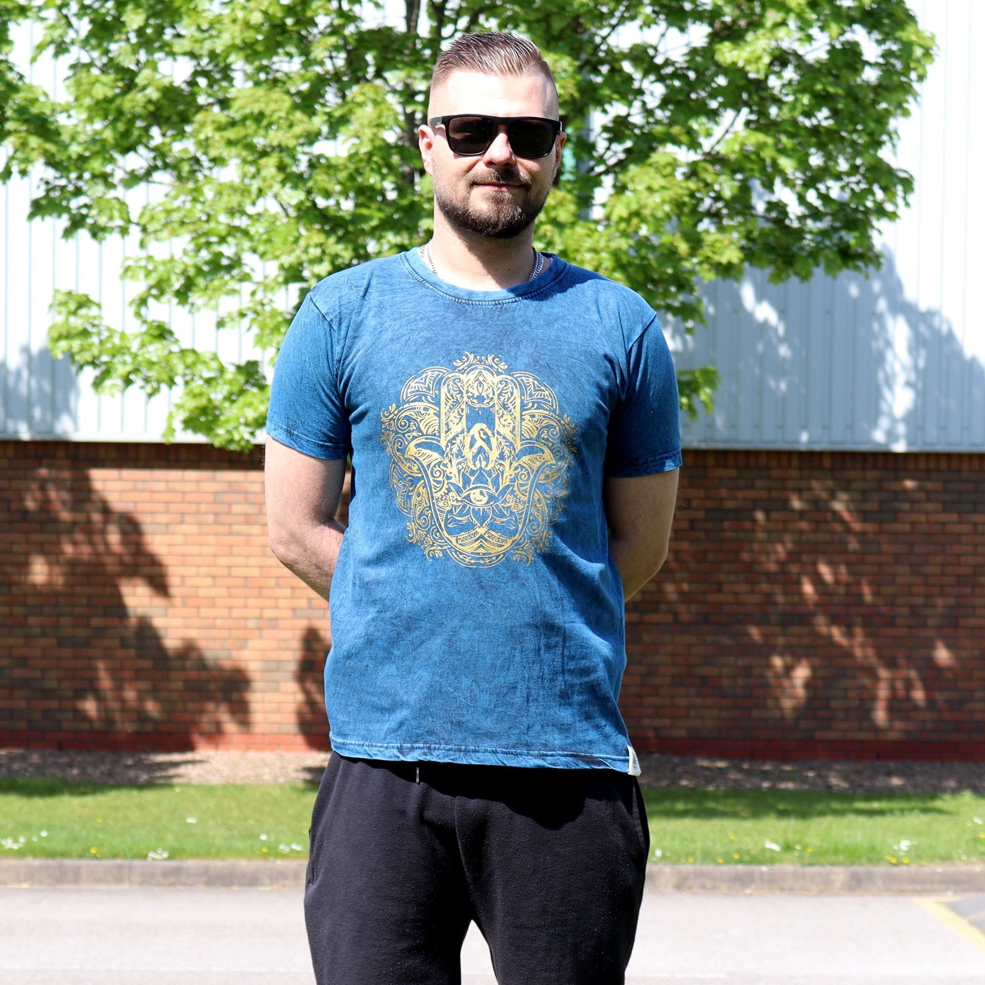 Polished Small Stone Washed T-Shirt - Hamsa - Blue featuring natural patterning and unique variations - Luna Panther