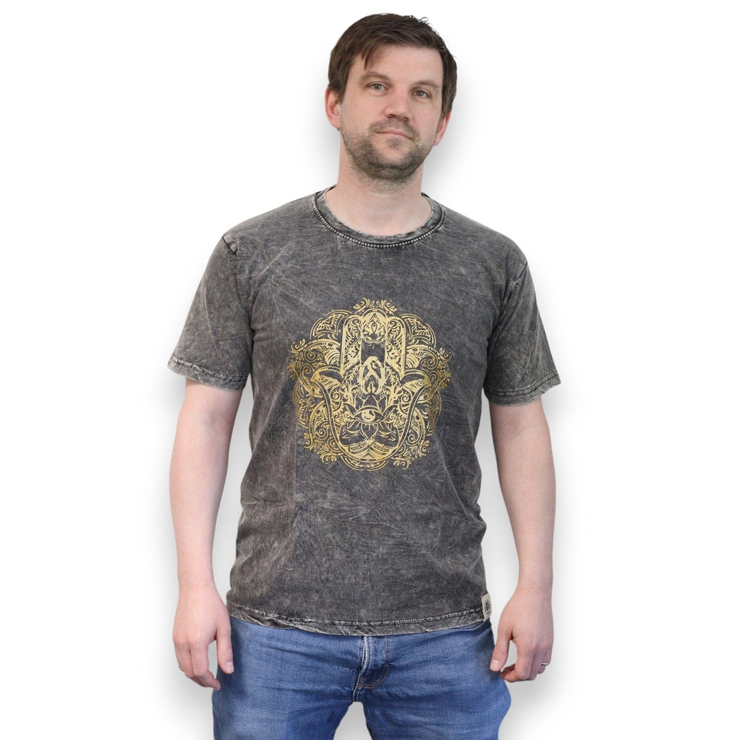 Polished Small Stone Washed T-Shirt - Hamsa - Dark Grey featuring natural patterning and unique variations - Luna Panther