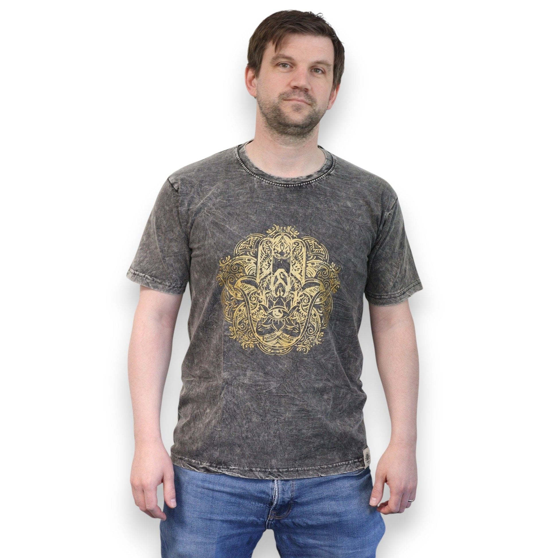 Polished Small Stone Washed T-Shirt - Hamsa - Dark Grey featuring natural patterning and unique variations - Luna Panther