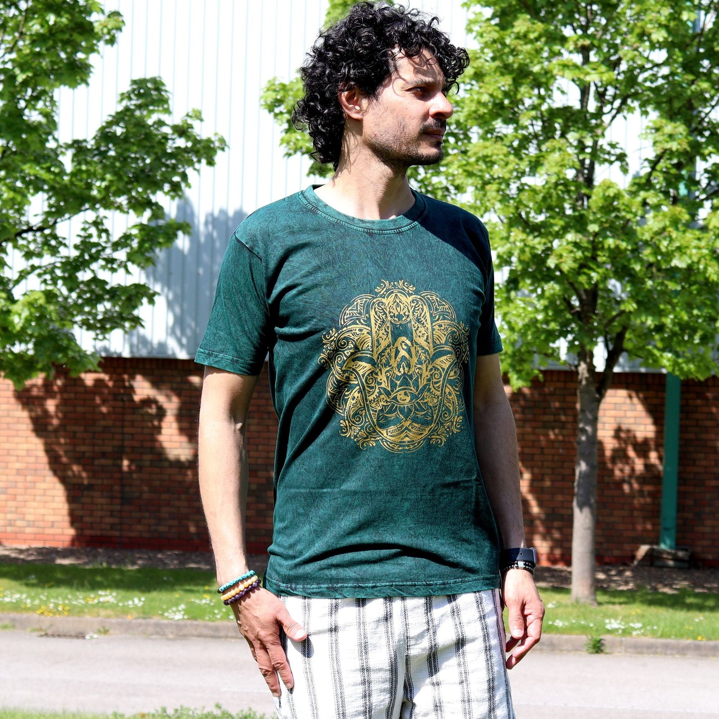 Polished Small Stone Washed T-Shirt - Hamsa - Green featuring natural patterning and unique variations - Luna Panther