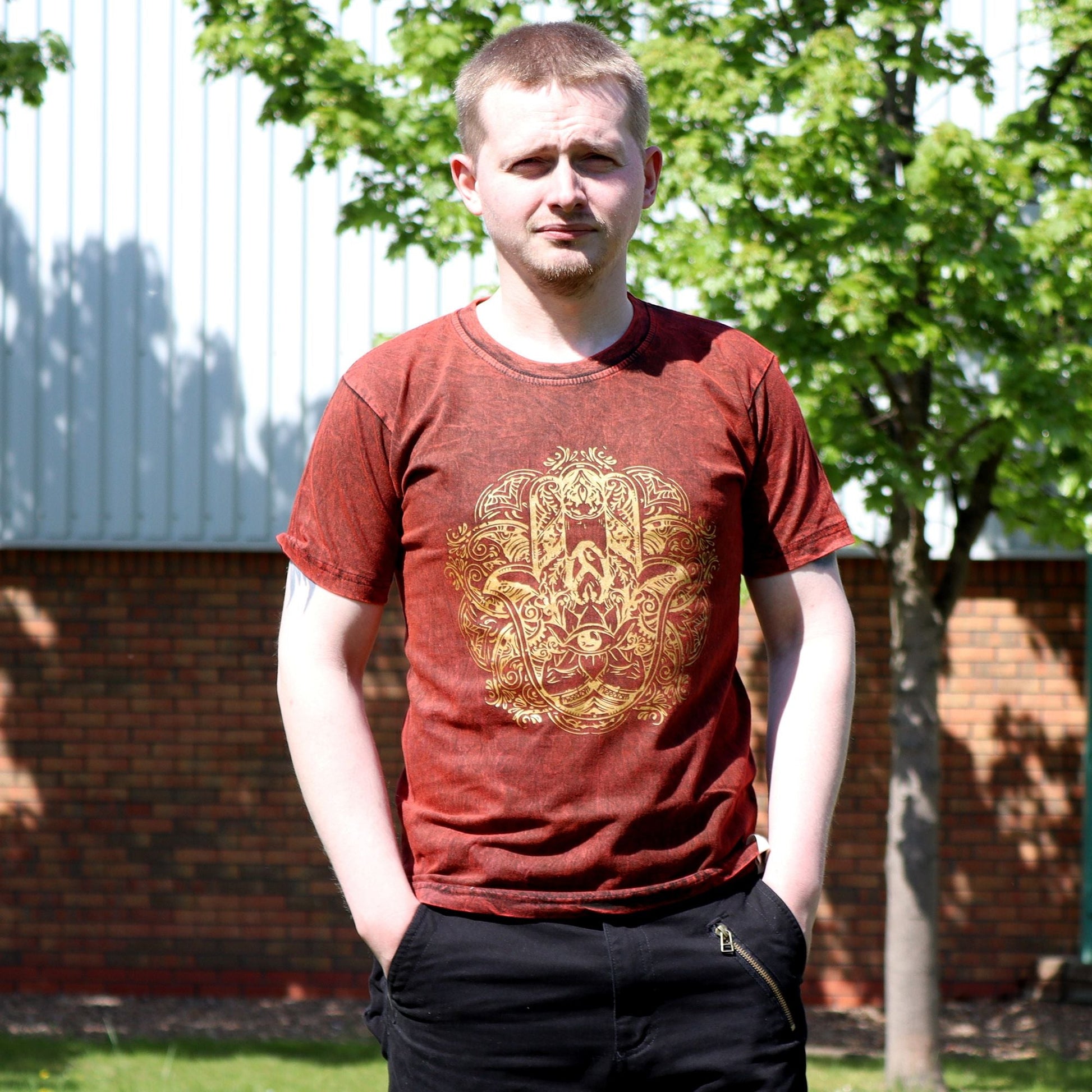 Polished Small Stone Washed T-Shirt - Hamsa - Maroon featuring natural patterning and unique variations - Luna Panther