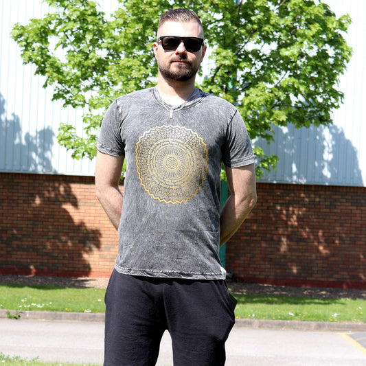 Polished Small Stone Washed T-Shirt - Mandala - Dark Grey featuring natural patterning and unique variations - Luna Panther