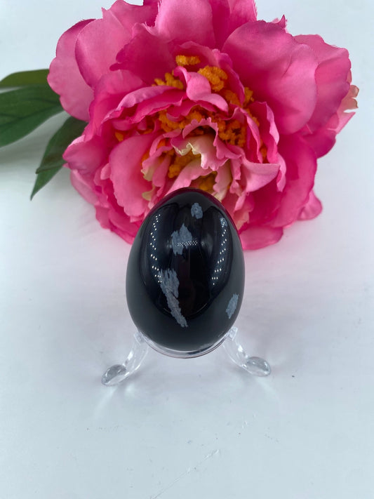 Polished Snowflake obsidian Crystal Egg featuring black base with grey snowflake patterns - Luna Panther