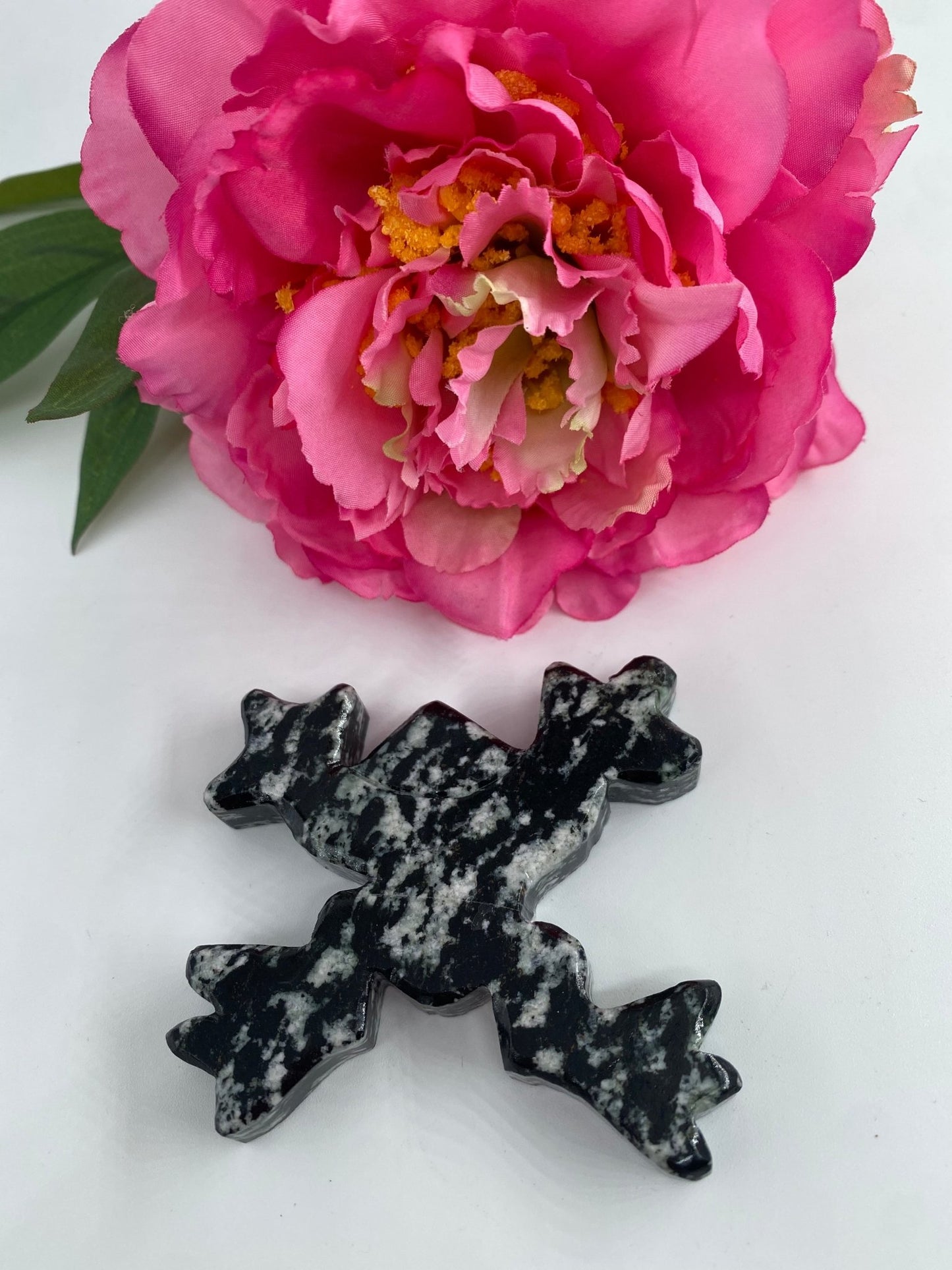 Polished Snowflake Obsidian Frog featuring black base with grey snowflake patterns - Luna Panther