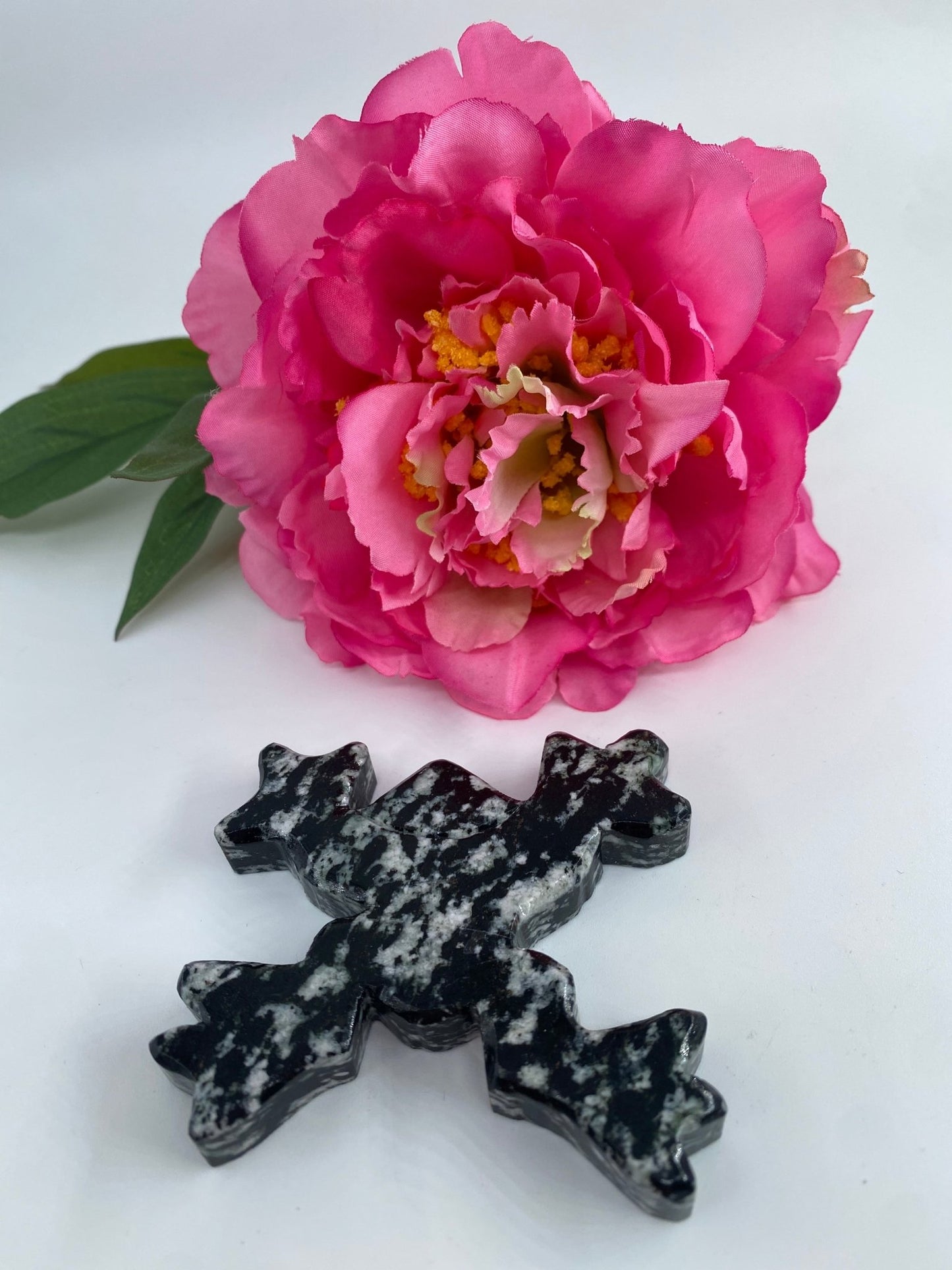 Polished Snowflake Obsidian Frog 1 featuring black base with grey snowflake patterns - Luna Panther