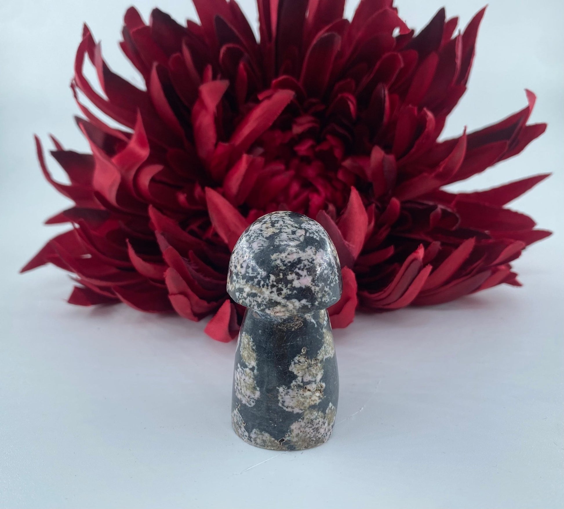 Polished Snowflake Obsidian Mushroom featuring black base with grey snowflake patterns - Luna Panther