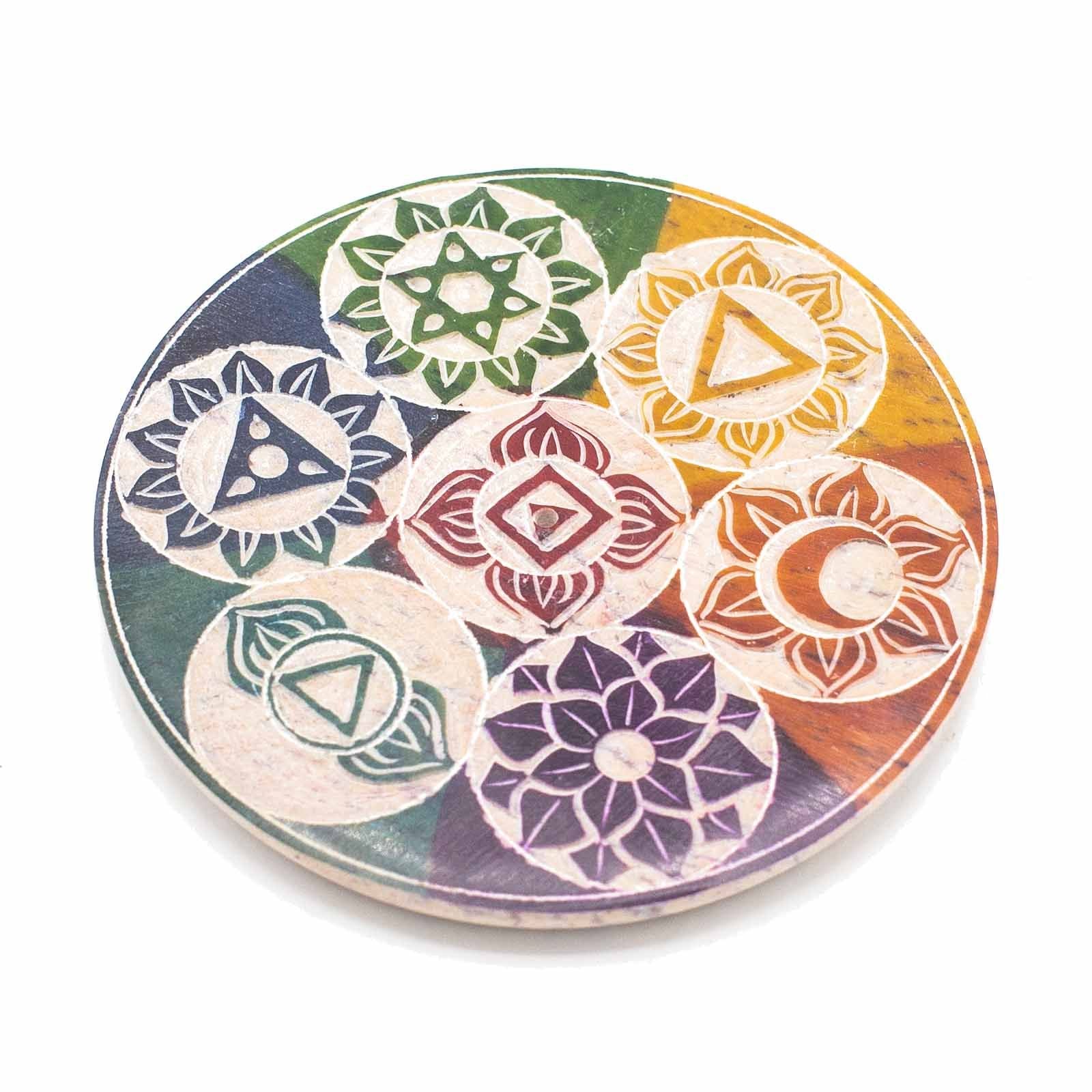 Polished Soapstone Disc Incense Cone Holder 10cm - Seven Chakra featuring natural patterning and unique variations - Luna Panther