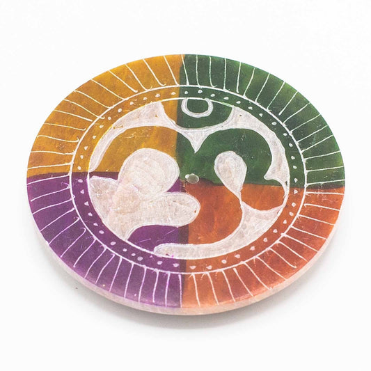 Polished Soapstone Disc Incense Holder 8cm - Om featuring natural patterning and unique variations - Luna Panther