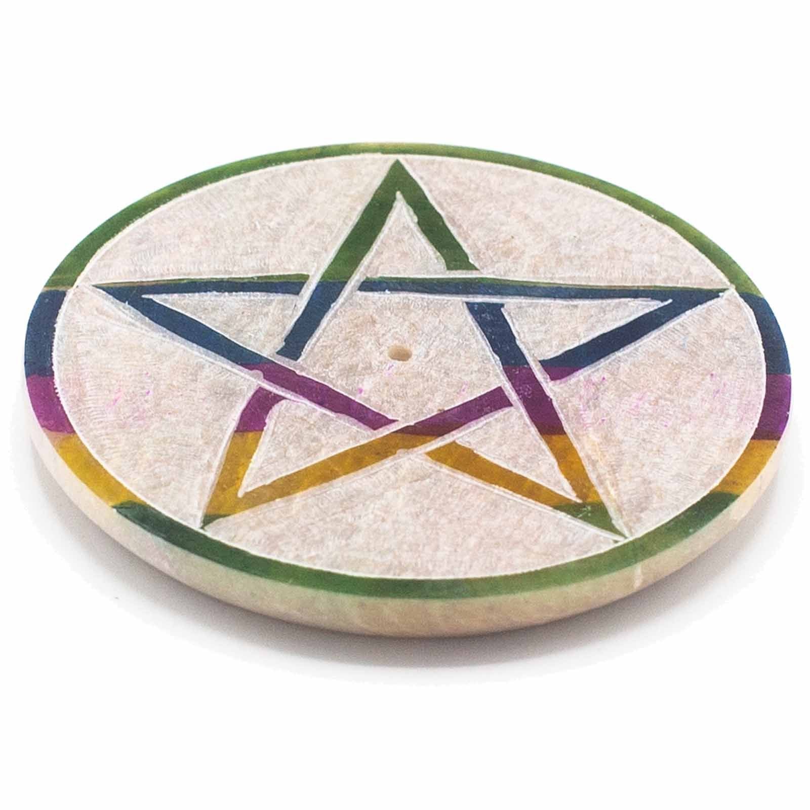 Polished Soapstone Disc Incense Holder 8cm - Pentagon featuring natural patterning and unique variations - Luna Panther