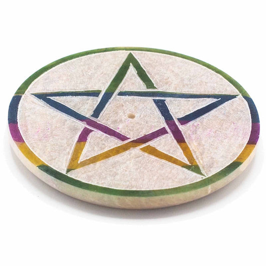 Polished Soapstone Disc Incense Holder 8cm - Pentagon featuring natural patterning and unique variations - Luna Panther