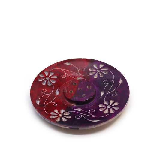 Polished Soapstone Disc Incense Holder - Floral (5 stick holder) featuring natural patterning and unique variations - Luna Panther