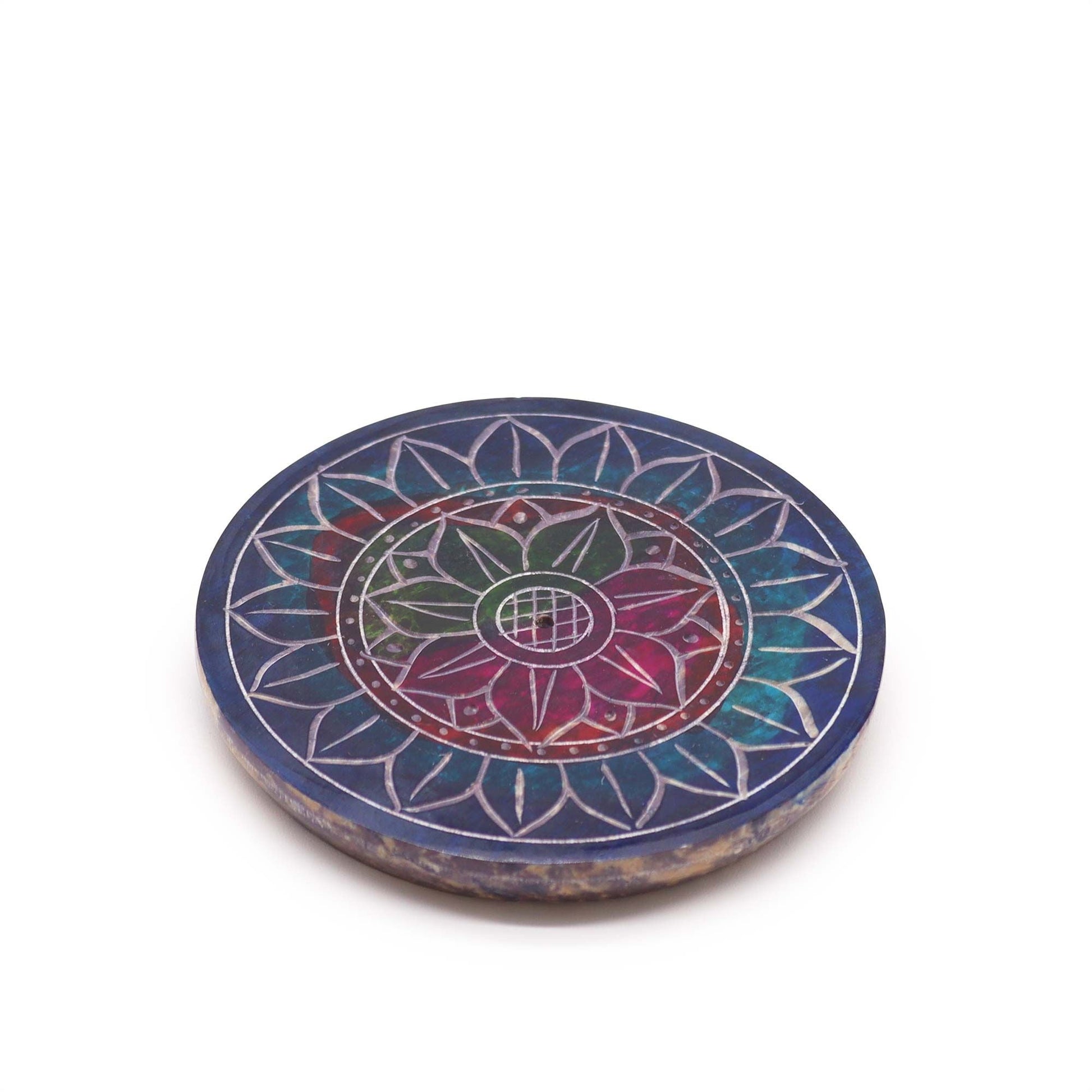 Polished Soapstone Disc Incense Holder - Lotus in Lotus featuring natural patterning and unique variations - Luna Panther
