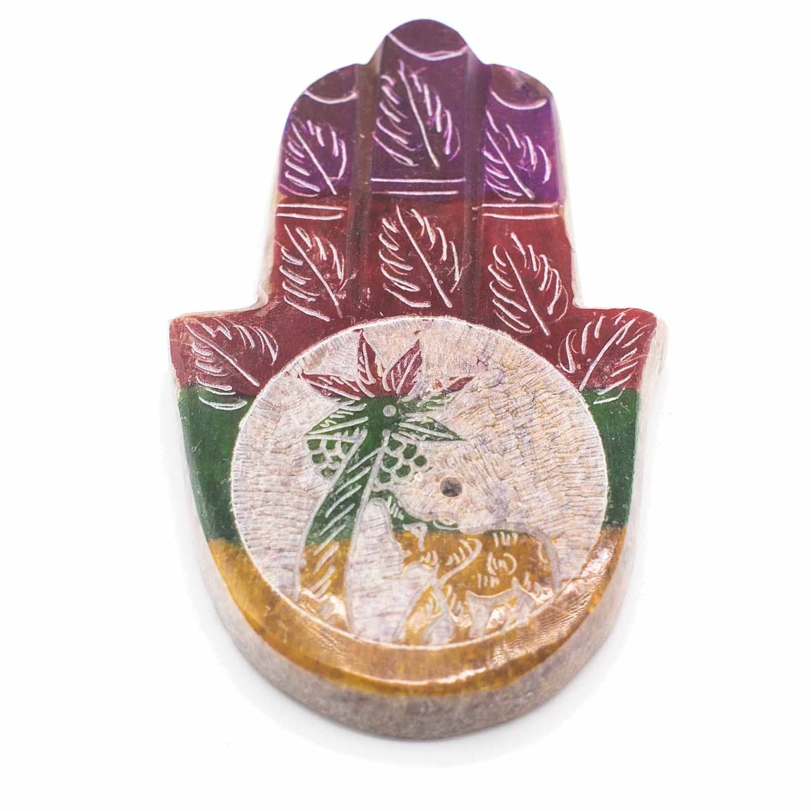 Polished Soapstone Hamsa Incense Holder 9x6cm - Elephant & Palm featuring natural patterning and unique variations - Luna Panther