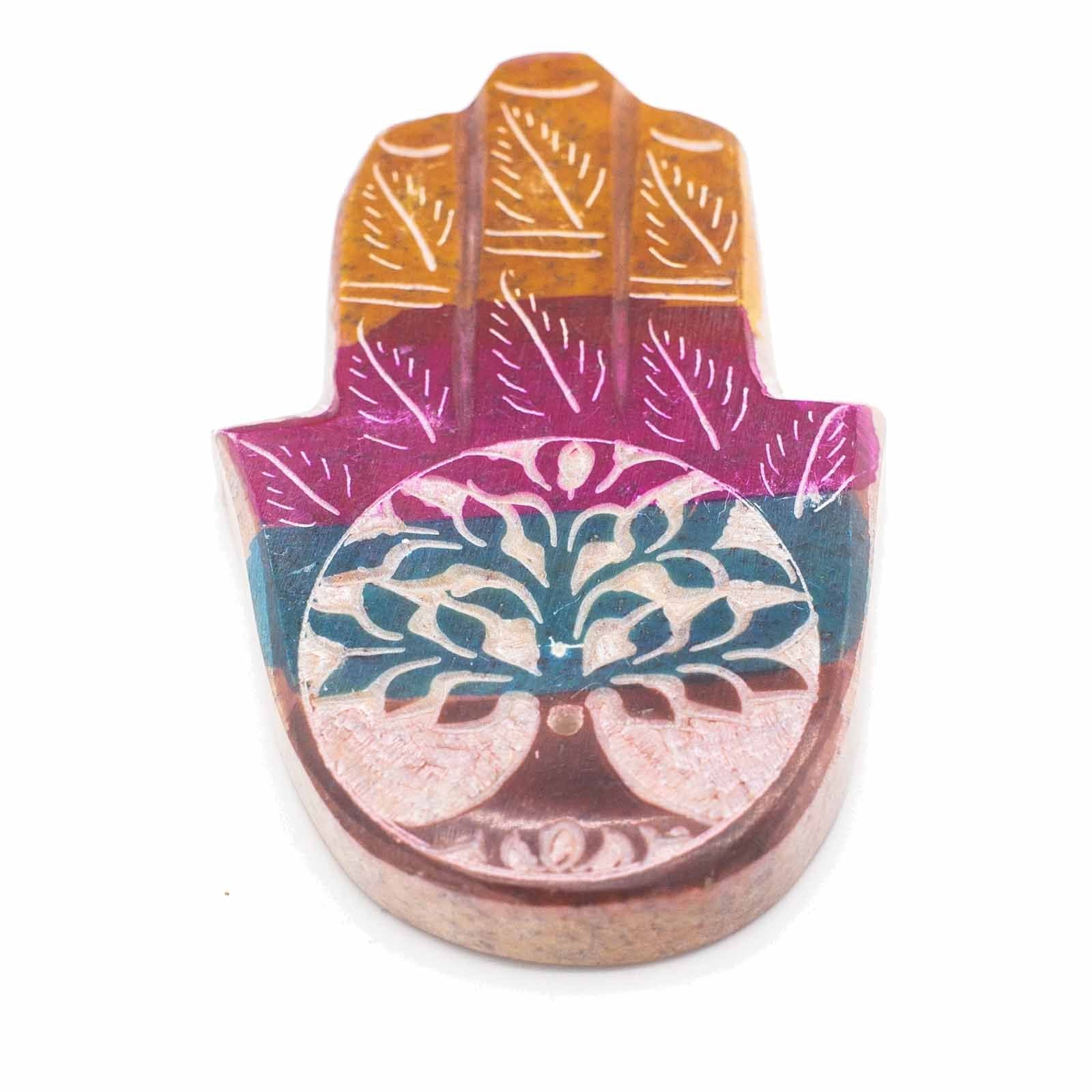 Polished Soapstone Hamsa Incense Holder 9x6cm - Tree of Life featuring natural patterning and unique variations - Luna Panther