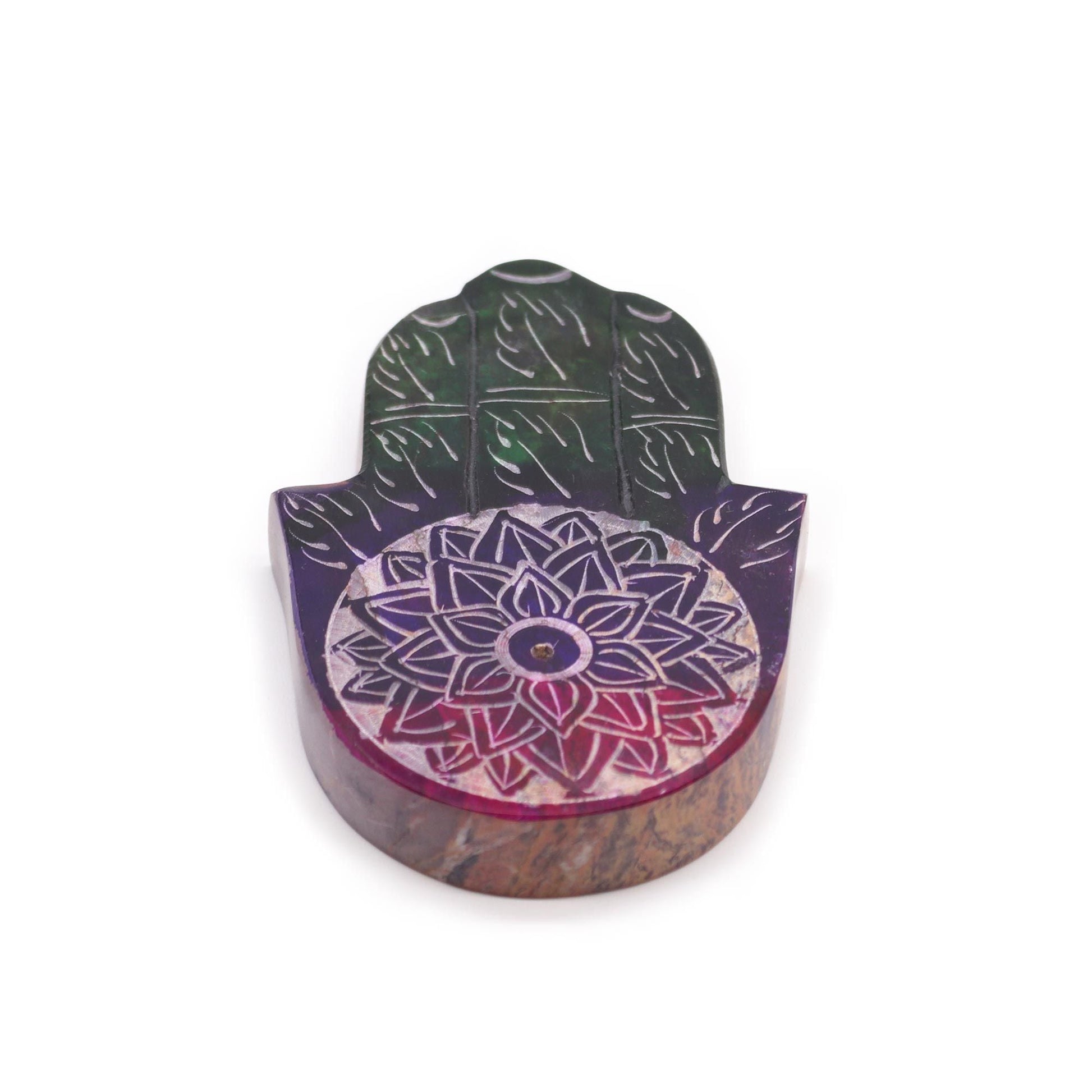 Polished Soapstone Hamsa Incense Holder - Lotus Flower featuring natural patterning and unique variations - Luna Panther