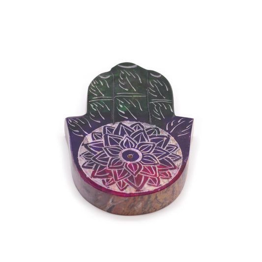 Polished Soapstone Hamsa Incense Holder - Lotus Flower featuring natural patterning and unique variations - Luna Panther