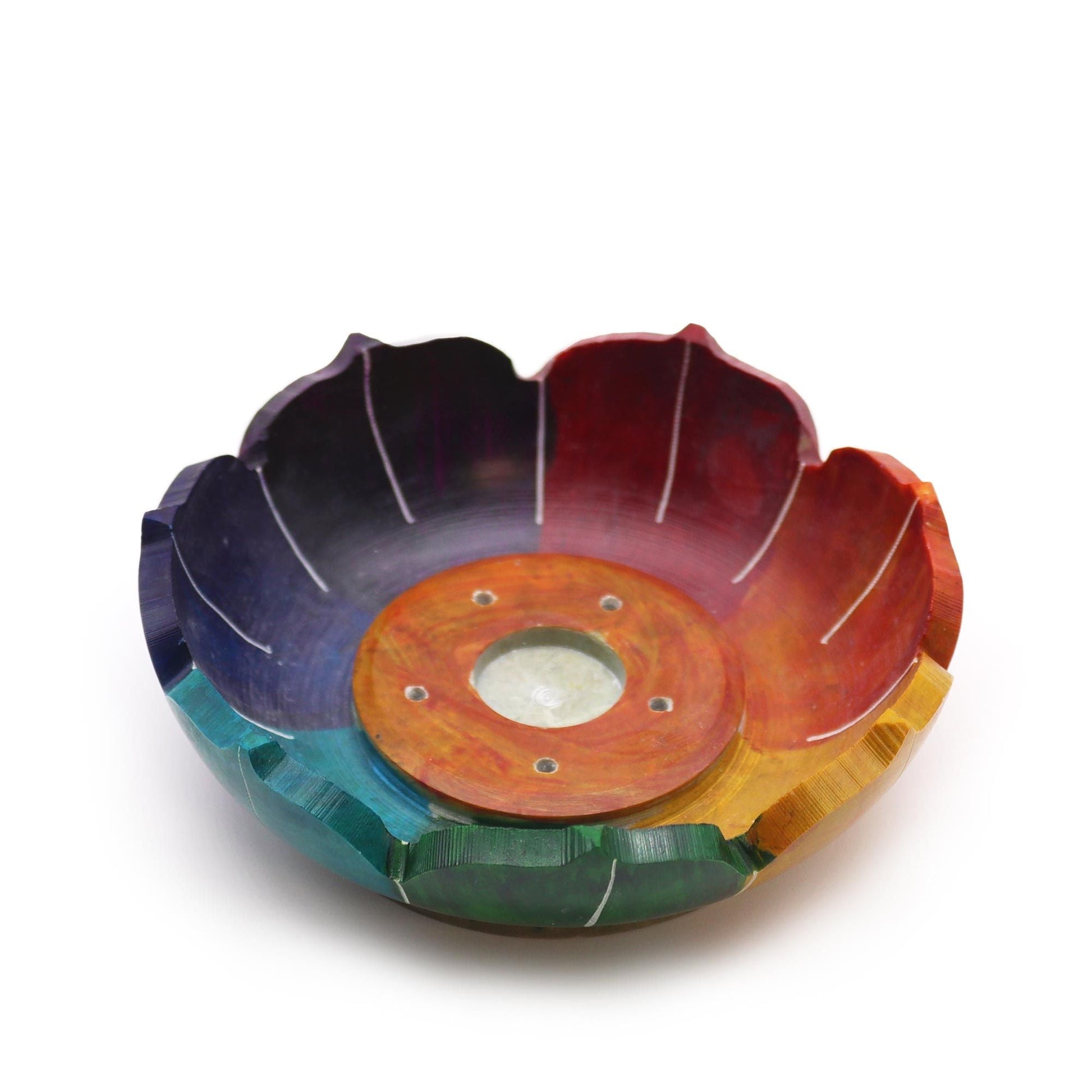 Polished Soapstone Lotus Flower Incense Holder - Chakra Colours featuring natural patterning and unique variations - Luna Panther