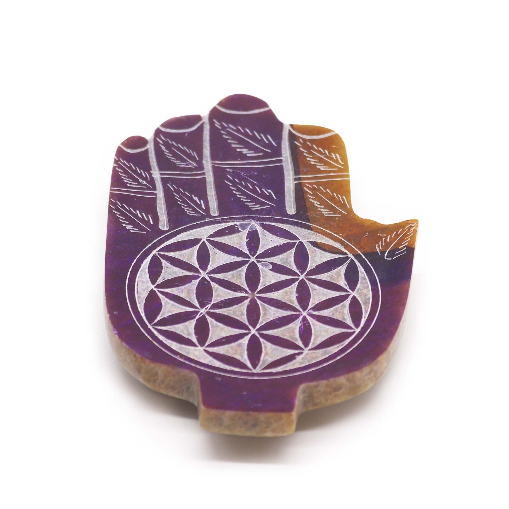 Polished Soapstone Med Hamsa Incense Holder - Flower of Life featuring natural patterning and unique variations - Luna Panther