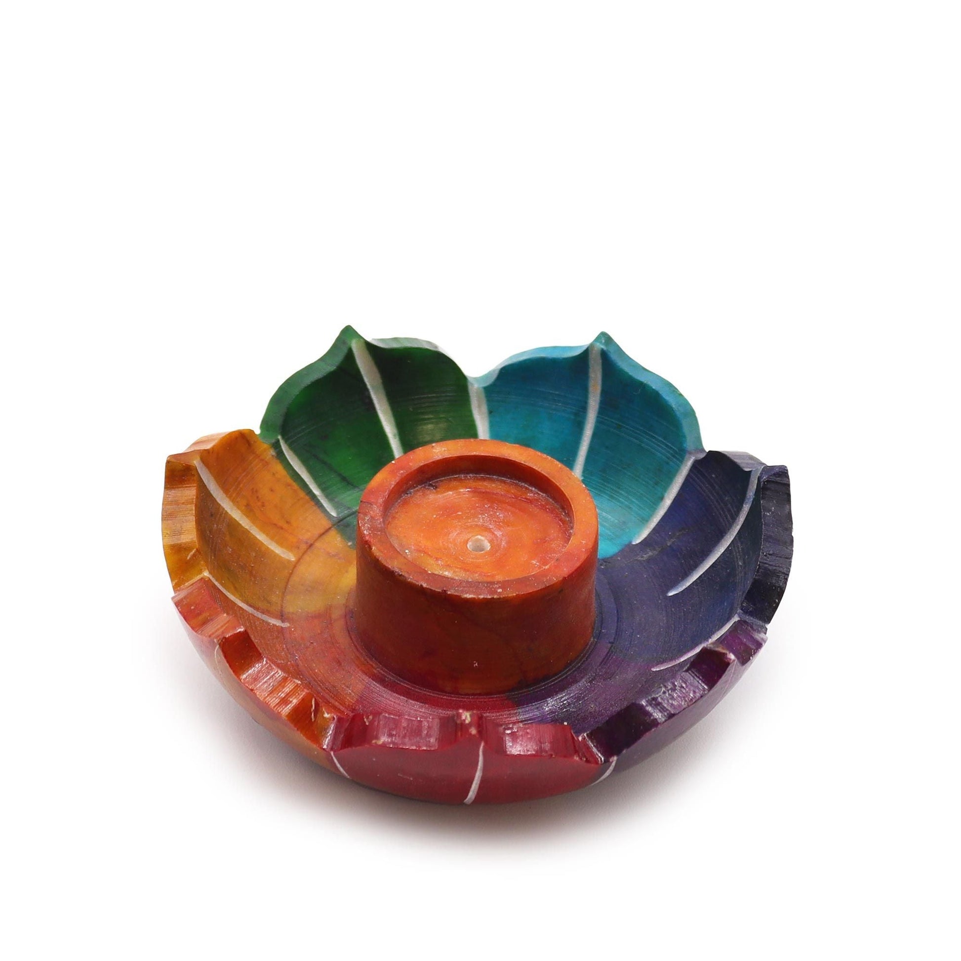 Polished Soapstone Small Lotus Flower Incense Holder - Chakra Colours featuring natural patterning and unique variations - Luna Panther