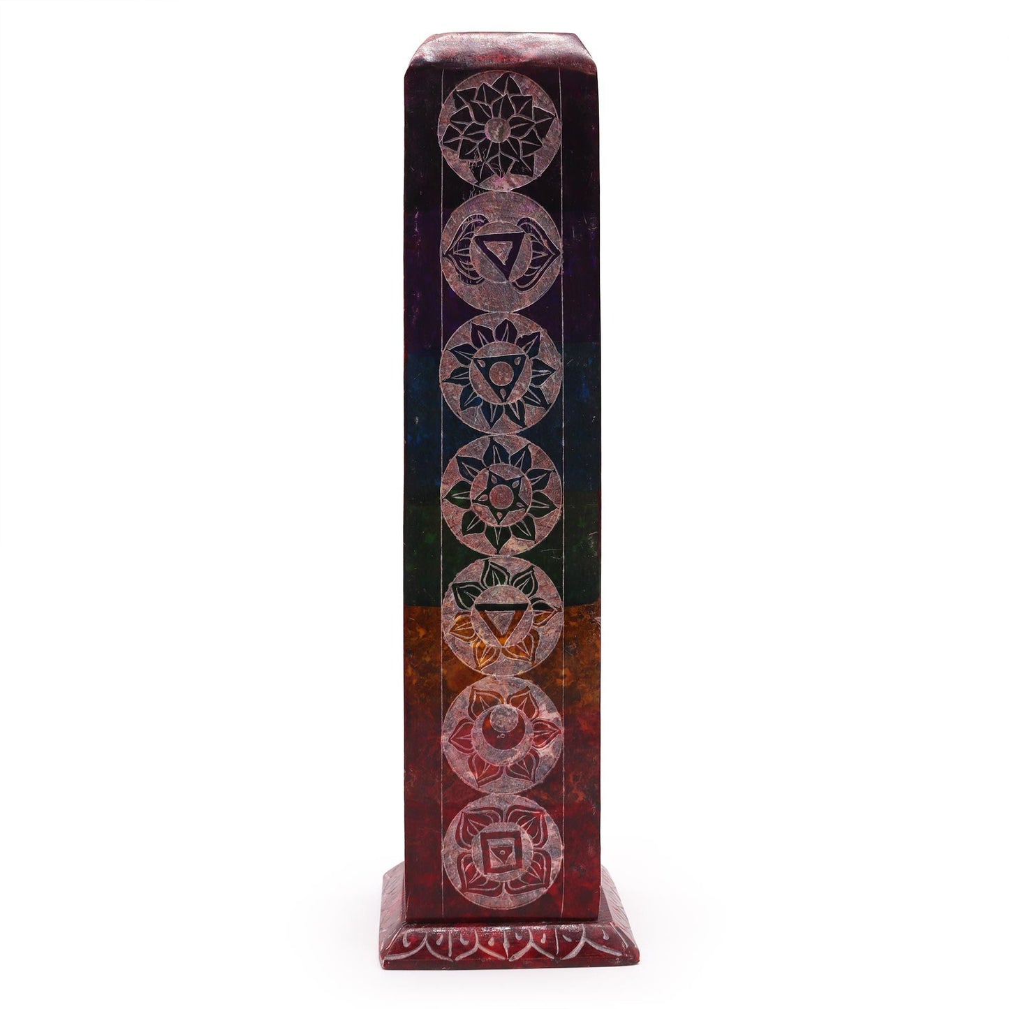 Polished Soapstone Square Tower Incense Holder - 7 Chakras featuring natural patterning and unique variations - Luna Panther