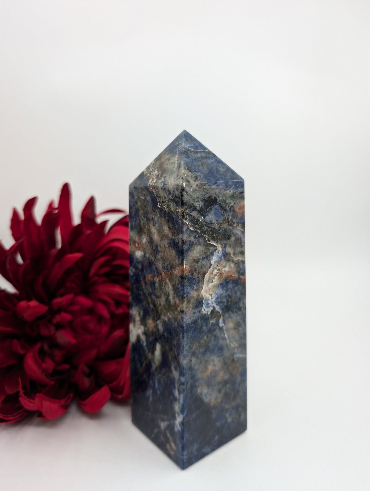 Polished Sodalite Crystal Tower 610g featuring navy-blue tone with white veining - Luna Panther