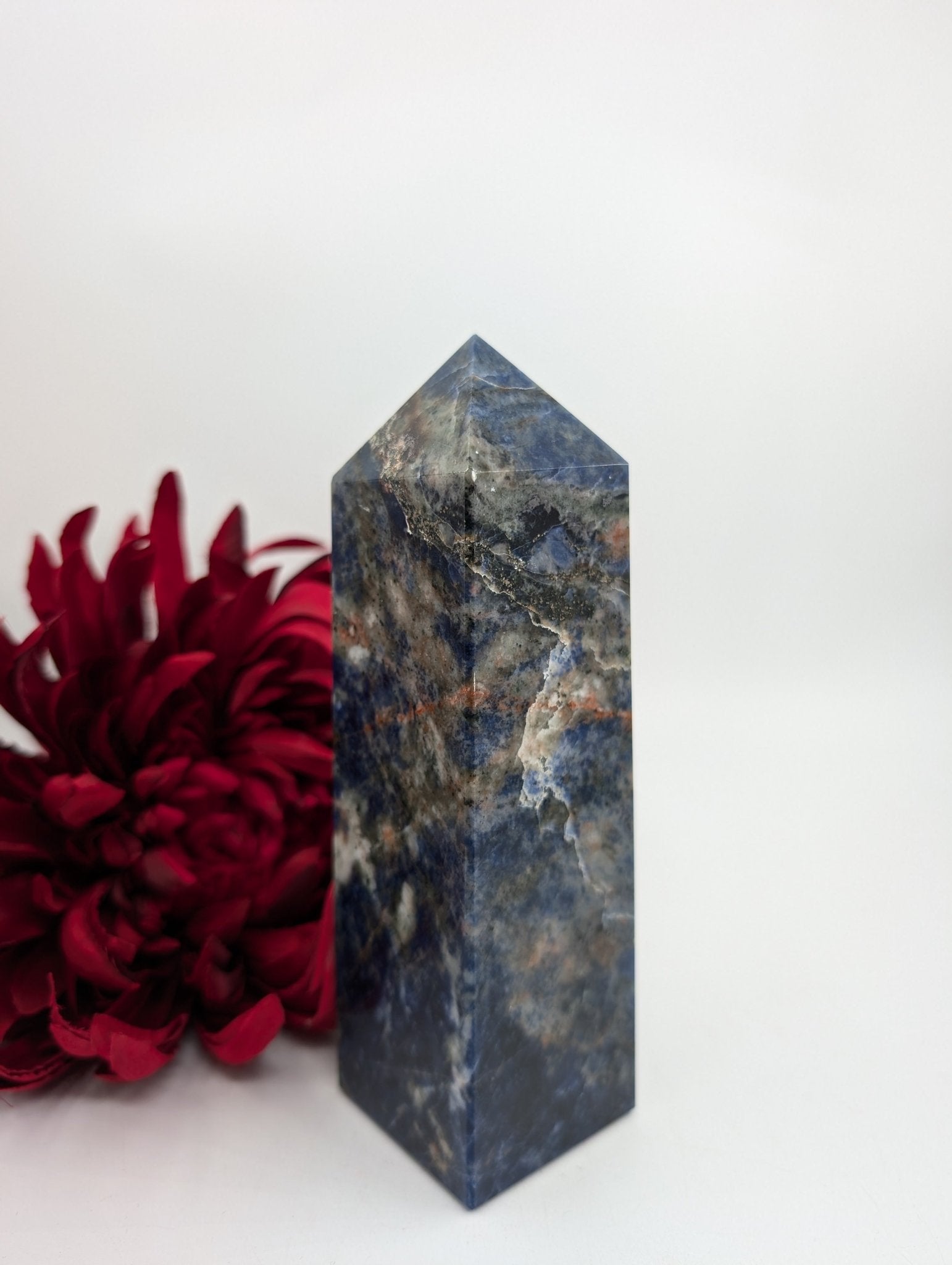 Polished Sodalite Crystal Tower 610g featuring navy-blue tone with white veining - Luna Panther