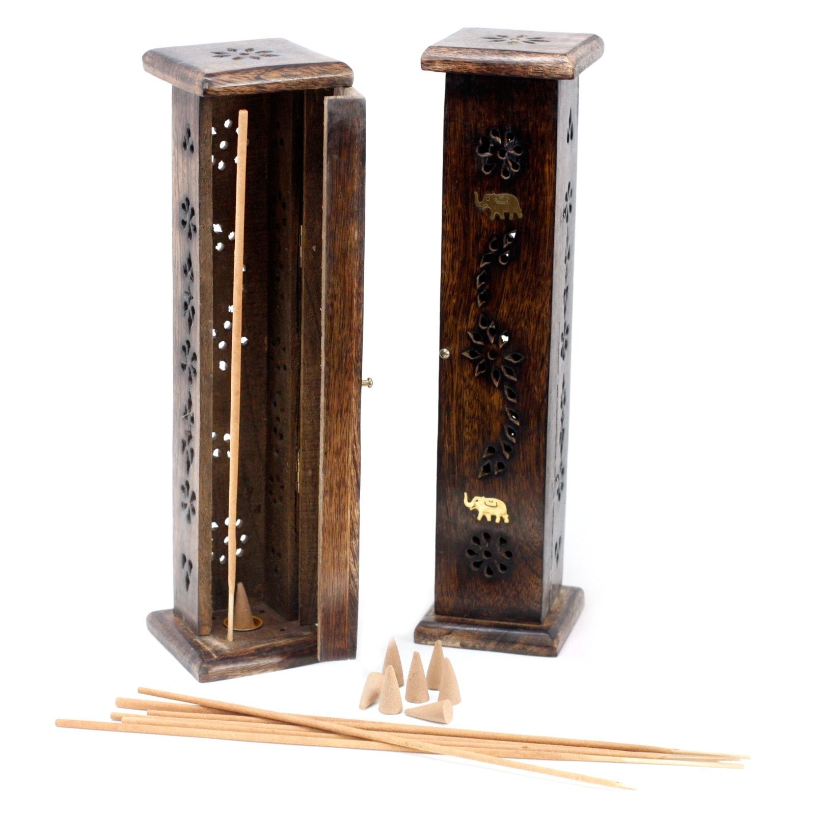 Square Incense Tower - Brass inlay - Mango Wood - Luna Panther