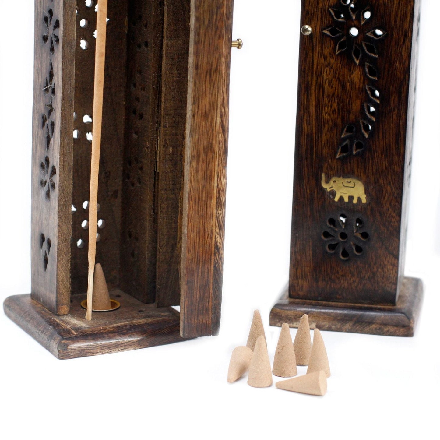 Square Incense Tower - Brass inlay - Mango Wood - Luna Panther
