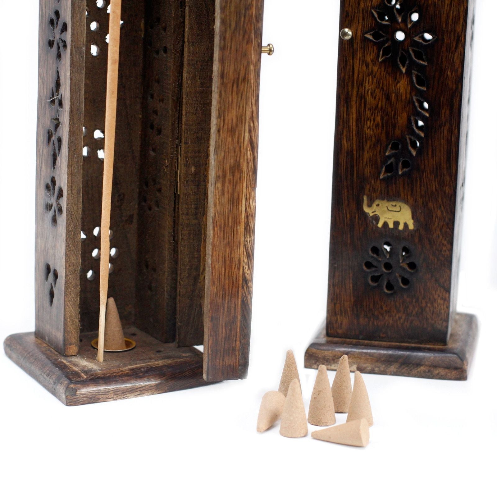 Square Incense Tower - Brass inlay - Mango Wood - Luna Panther