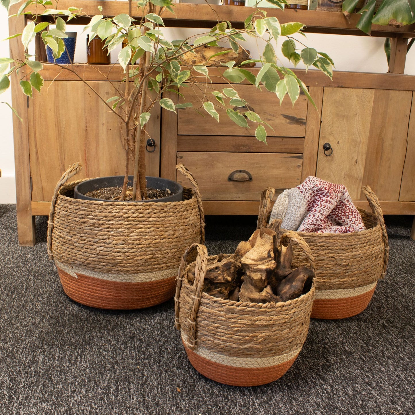 Straw & Seagrass Large Baskets - Natural & Orange - Set of 3 detail view 5 at Luna Panther