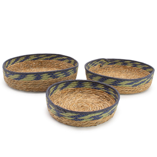Straw & Seagrass Tray Baskets - Natural Green & Blue - Set of 3 at Luna Panther