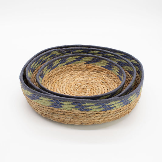Straw & Seagrass Tray Baskets - Natural Green & Blue - Set of 3 detail view 2 at Luna Panther alternate view