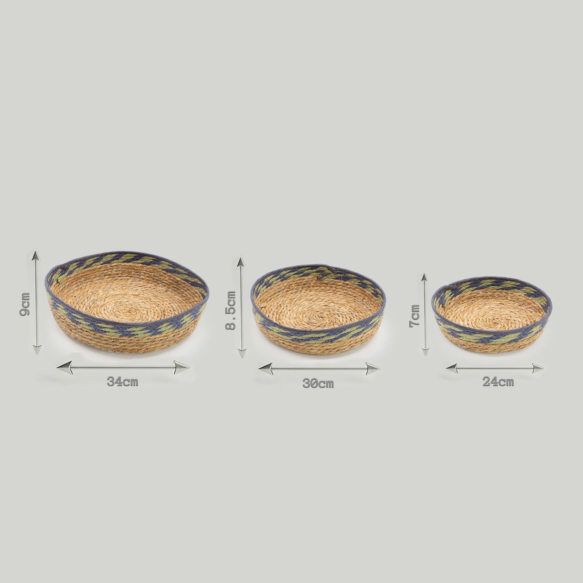 Straw & Seagrass Tray Baskets - Natural Green & Blue - Set of 3 detail view 8 at Luna Panther