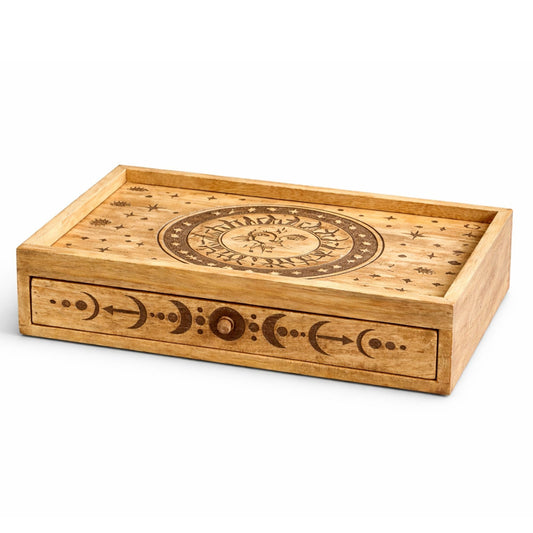 Sun Moon Carved Tarot Box with Drawer - Luna Panther